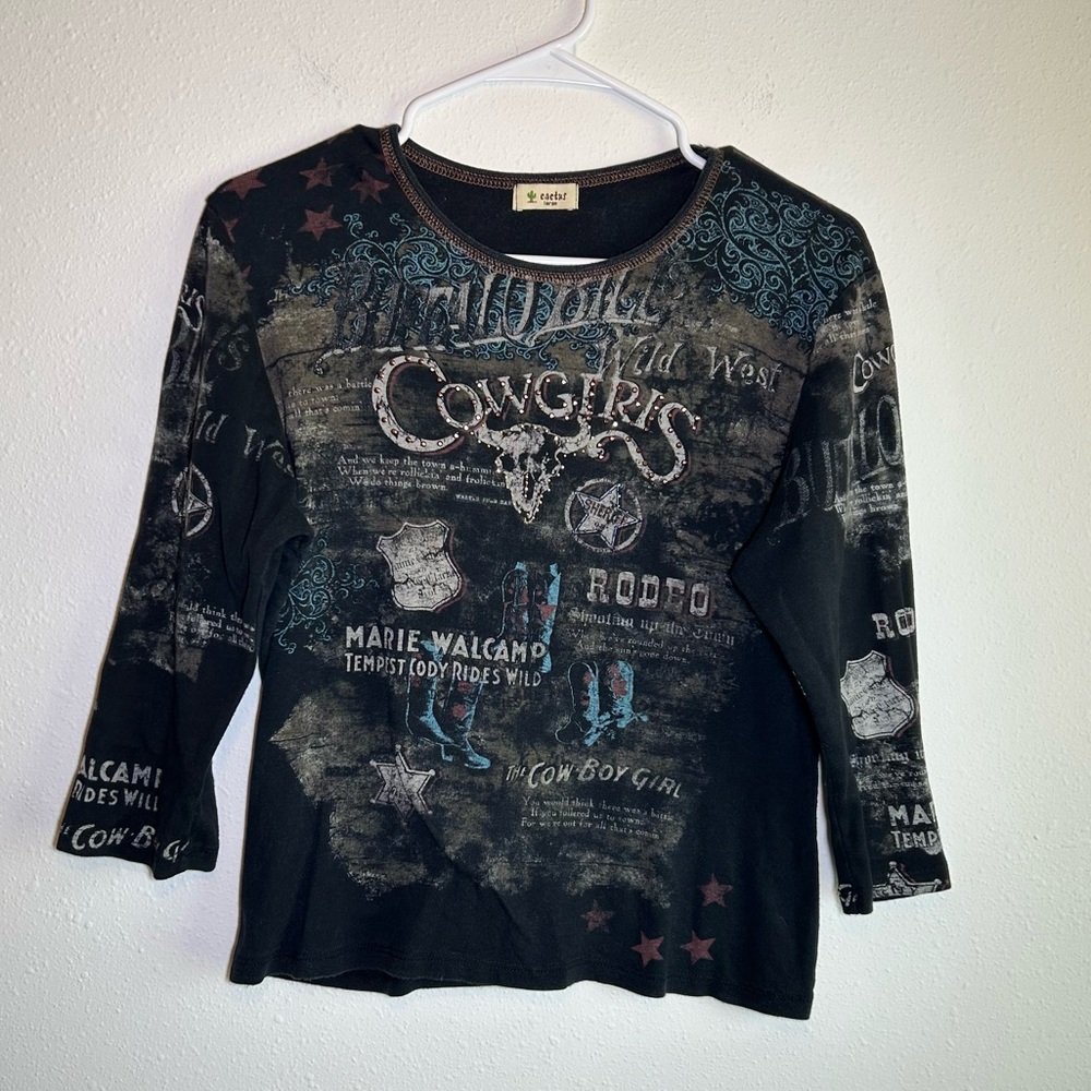 Y2K VTG AOP Top Women’s Sz L Cactus Cowgirl Rodeo Rustic Western Studded